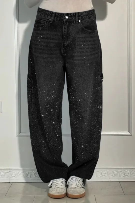 Women's Casual Starry Rhinestone Denim Jeans Loose Straight Leg Long Pants European American Style_ecoleips.com