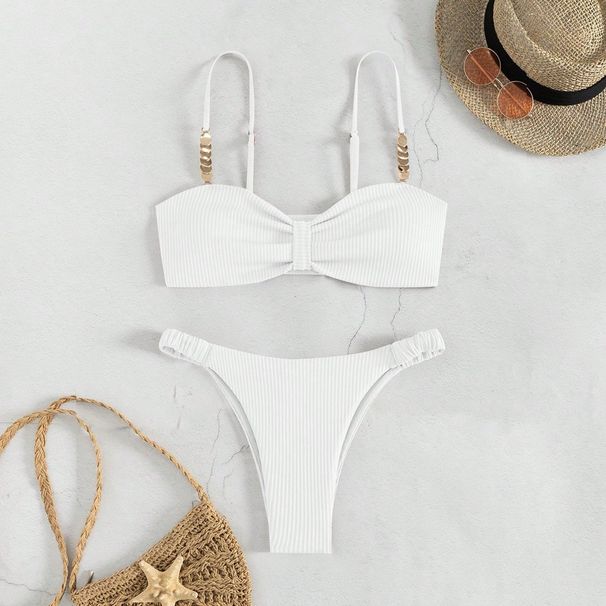 Women's Clothing Solid Color Tube Top Hollow Beach Bikini Triangle Split Beach Swimsuit_ecoleips.com