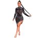 Women's Sexy Nightclub Mesh See-through Hot Diamond Bubble Beads Tassel Round Neck Long-sleeved Dress_ecoleips.com
