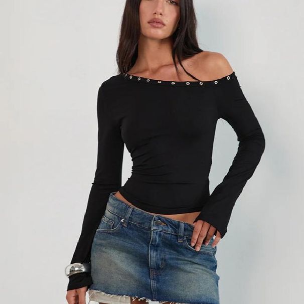 Women's Sexy One Shoulder Long Sleeved T-Shirt Rhinestones Rivets Pleated Slimming Trendy Top for Spring_ecoleips.com