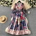 European And American Court Style Temperament Retro V Neck Mesh Lantern Sleeves Tie Waist Design Large Swing Print Dress_ecoleips.com