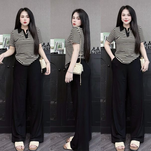 Women's Clothing Southeast Asian Women's Summer Casual Collar Set Striped Short Sleeve Solid Color Wide Leg Pants Loose Two-Piece Outfit_ecoleips.com