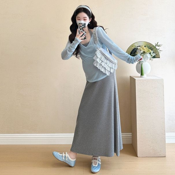 Autumn New Korean Fashion Halter Knitted 2-Piece Maternity Dress_ecoleips.com
