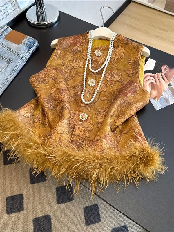 girl National Quilted For Women With Ostrich Feathers, Autumn Style, New Chinese Style Stand Collar Jacquard Cotton Vest_ecoleips.com