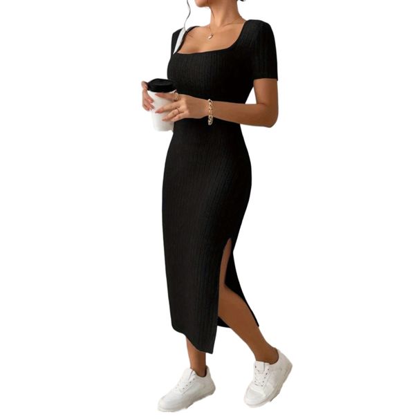 Women's Sexy French Square Neck Side Slit Knit Short Sleeve Bodycon Mini Dress – Casual Summer Gown_ecoleips.com