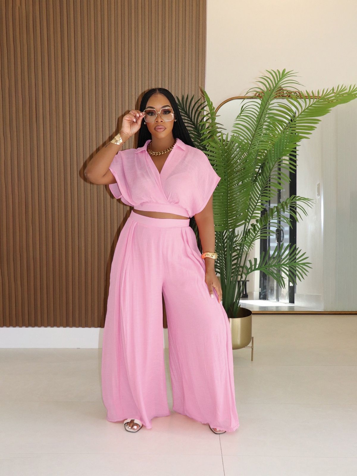 Women's Clothing European And American Women's Summer Vacation Style High Waist Wide Leg Pant Set With Lapel Short Top_ecoleips.com