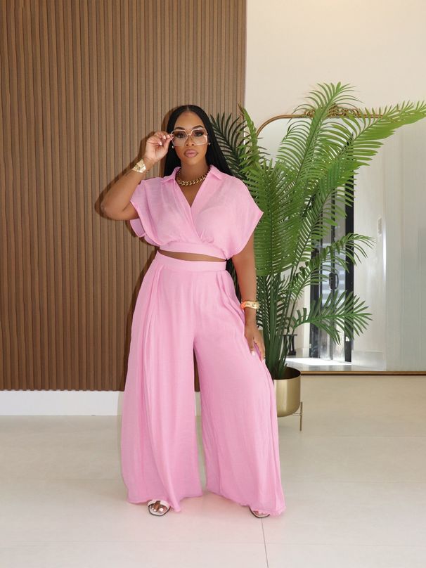 Women's Clothing European And American Women's Summer Vacation Style High Waist Wide Leg Pant Set With Lapel Short Top_ecoleips.com