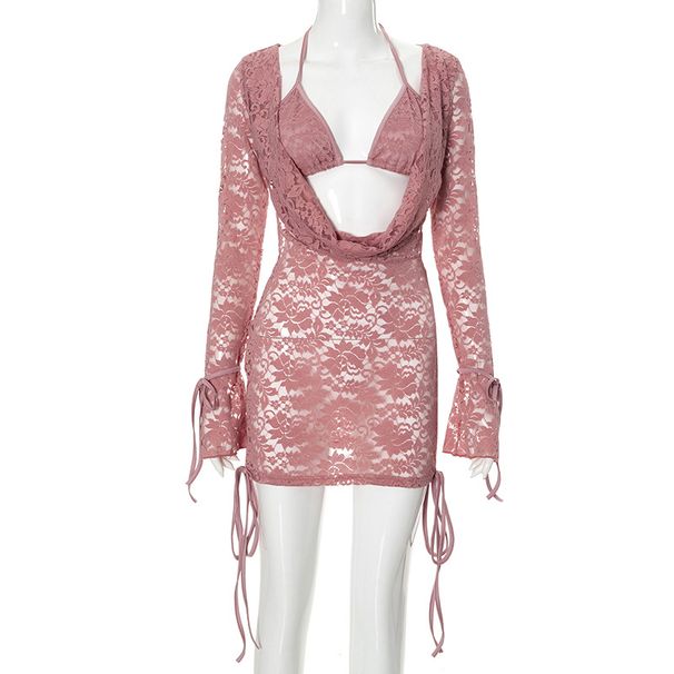 G24ST029 European American Women's Fashion Autumn New Solid Color Casual Lace-up Long-sleeve Top And Short Skirt Set_ecoleips.com