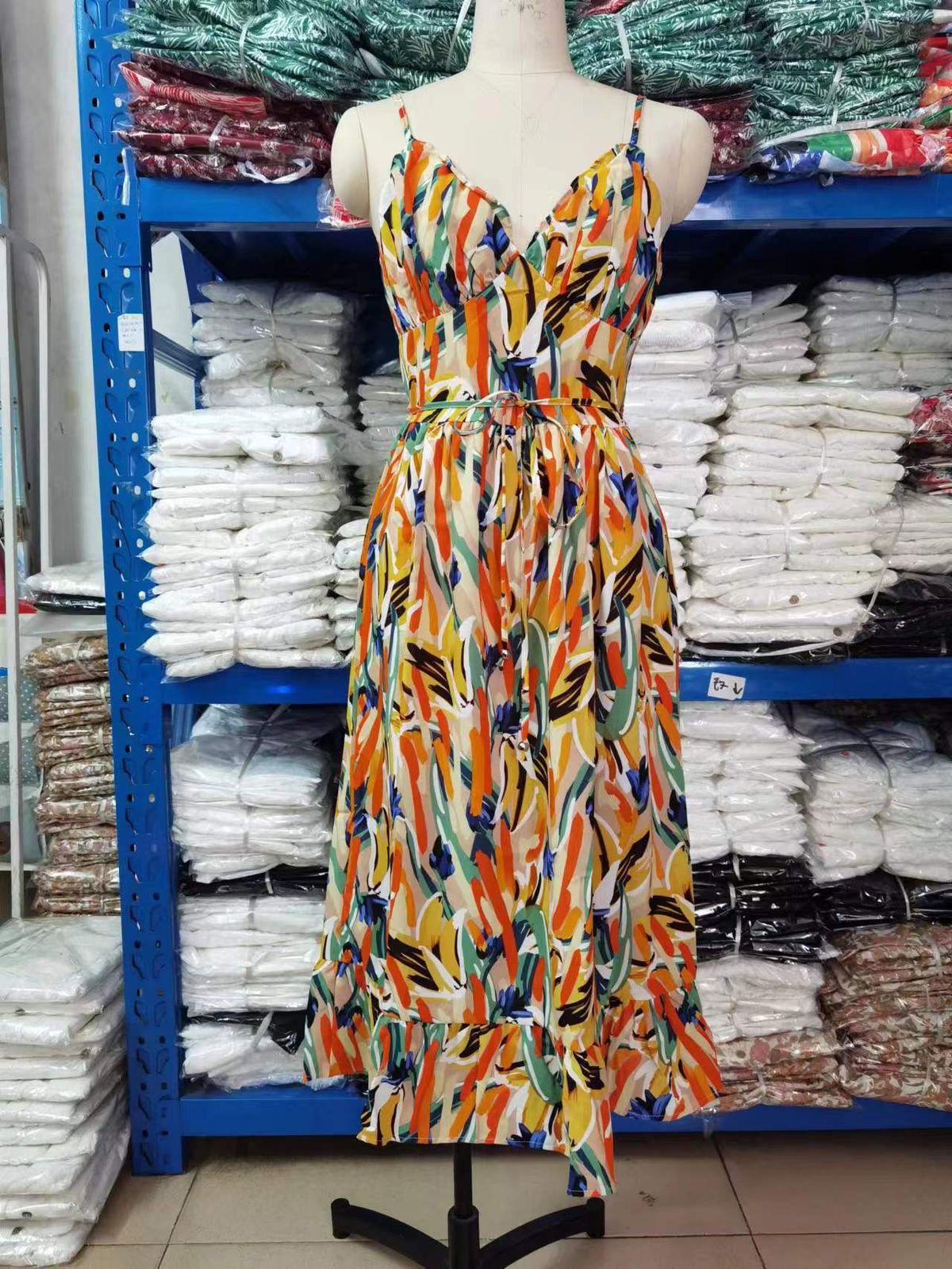European And American Foreign Trade Summer New Women's Printed Ruffled Strap Dress_ecoleips.com