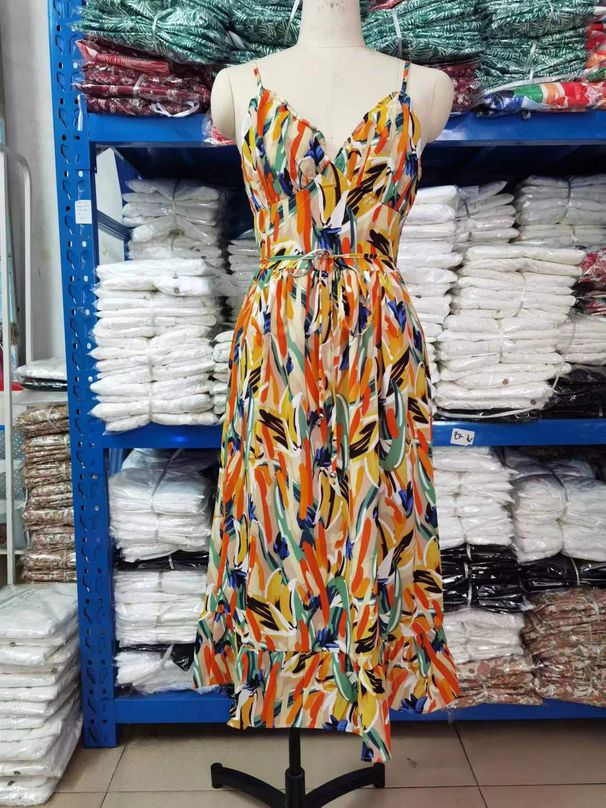European And American Foreign Trade Summer New Women's Printed Ruffled Strap Dress_ecoleips.com
