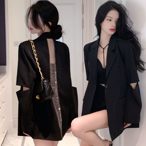 2025s Personality, Feminine Style, Hollowed Out Backless Chain Small Jacket, Women's 2025 Spring And Autumn New High-end Loose_ecoleips.com