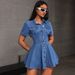 K Women's New Denim Style Casual Waist Cinched Lapel Dress_ecoleips.com