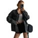 Chic Oversized Denim Shacket For Women, Black Casual Blazer Style Open Front Jacket, Winter Layering Essential_ecoleips.com