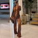 Women's Clothing Women's Style Two Piece Set Printed Mesh Collared Long Sleeved Button Down Cardigan And Flared Trousers_ecoleips.com