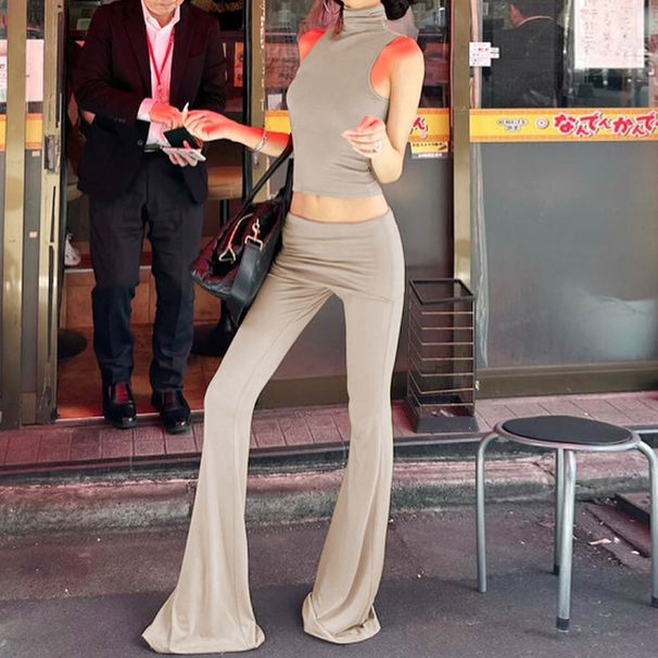 Women's Fashion 2025 Autumn New Fashionable Unique Sleeveless Top Slim Fit High Waist Flared Pants Set Wholesale_ecoleips.com