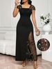 Women's Clothing Women's Slim Fit Lace Patchwork Dress With Waist Cinching Solid Color Square Neck Sequin Long Skirt_ecoleips.com