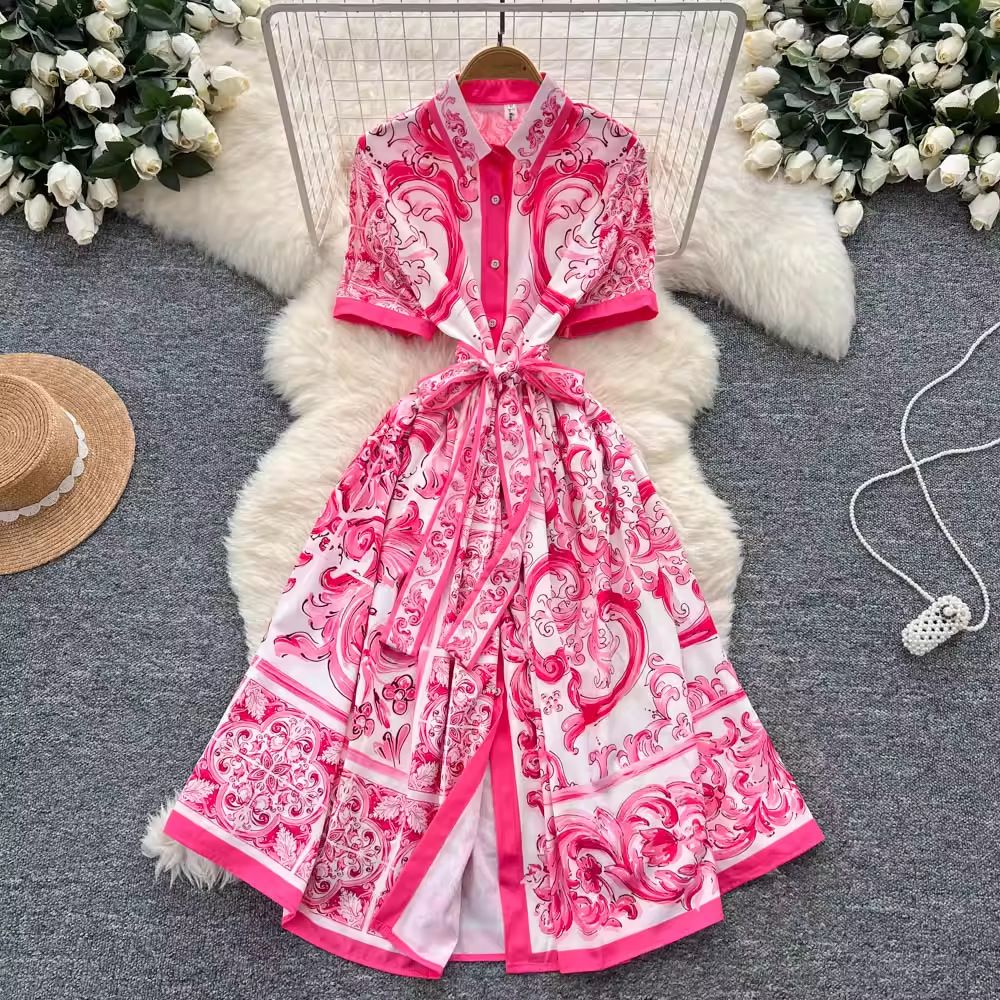 Kate Middleton Inspired Short Sleeve Blue White Porcelain Print Dress Fitted Waist Elegant A-Line Skirt Summer Cross Border Women's Fashion Dress_ecoleips.com