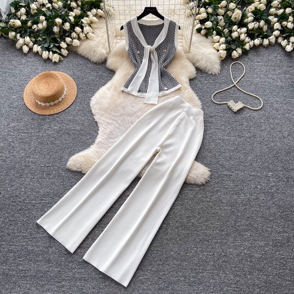 Women's Korean Style Slimming Summer Outfit V-Neck Sleeveless Top Wide Leg Pants Set for Office And Casual Wear_ecoleips.com