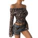 Women's Leopard Print Off-Shoulder Long Sleeve T-Shirt European American Style Fashion Sexy Top_ecoleips.com