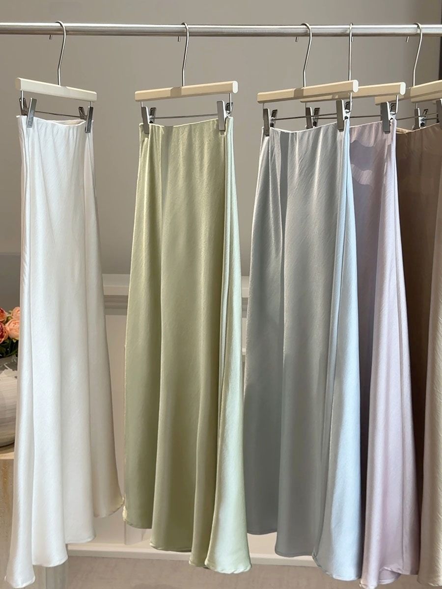 Spring Tall Women's Acetate Gloss Satin Fishtail Midi Skirt High Waist Flowing A-Line Slimming Long Skirt Bodycon_ecoleips.com