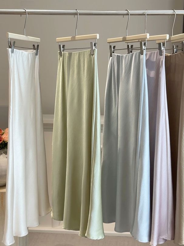 Spring Tall Women's Acetate Gloss Satin Fishtail Midi Skirt High Waist Flowing A-Line Slimming Long Skirt Bodycon_ecoleips.com