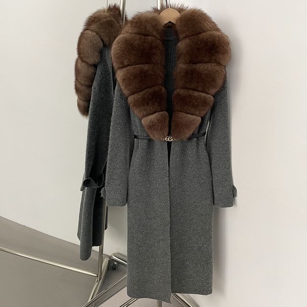 French Vintage Knit Coat With Faux Fox Fur Collar – Belted Longline Cardigan For Women (Elegant & Slimming Winter Outerwear)_ecoleips.com
