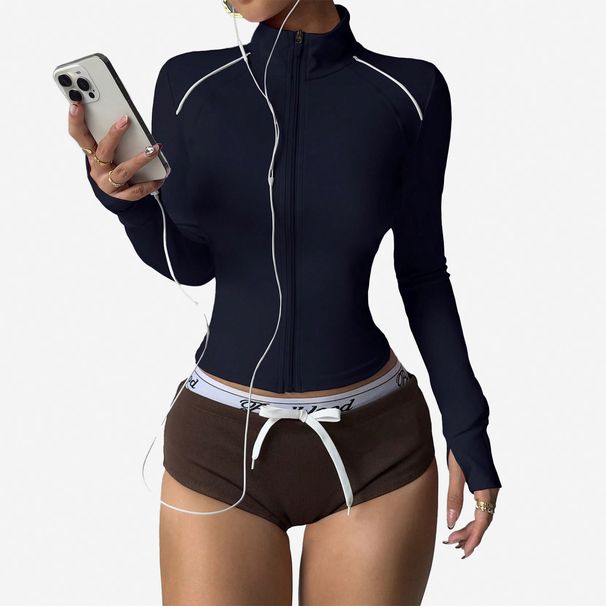 Women's Quick Drying Yoga Jacket Color Block Zip Up Sports Cardigan Long Sleeve Fitted Waist Short Jacket_ecoleips.com