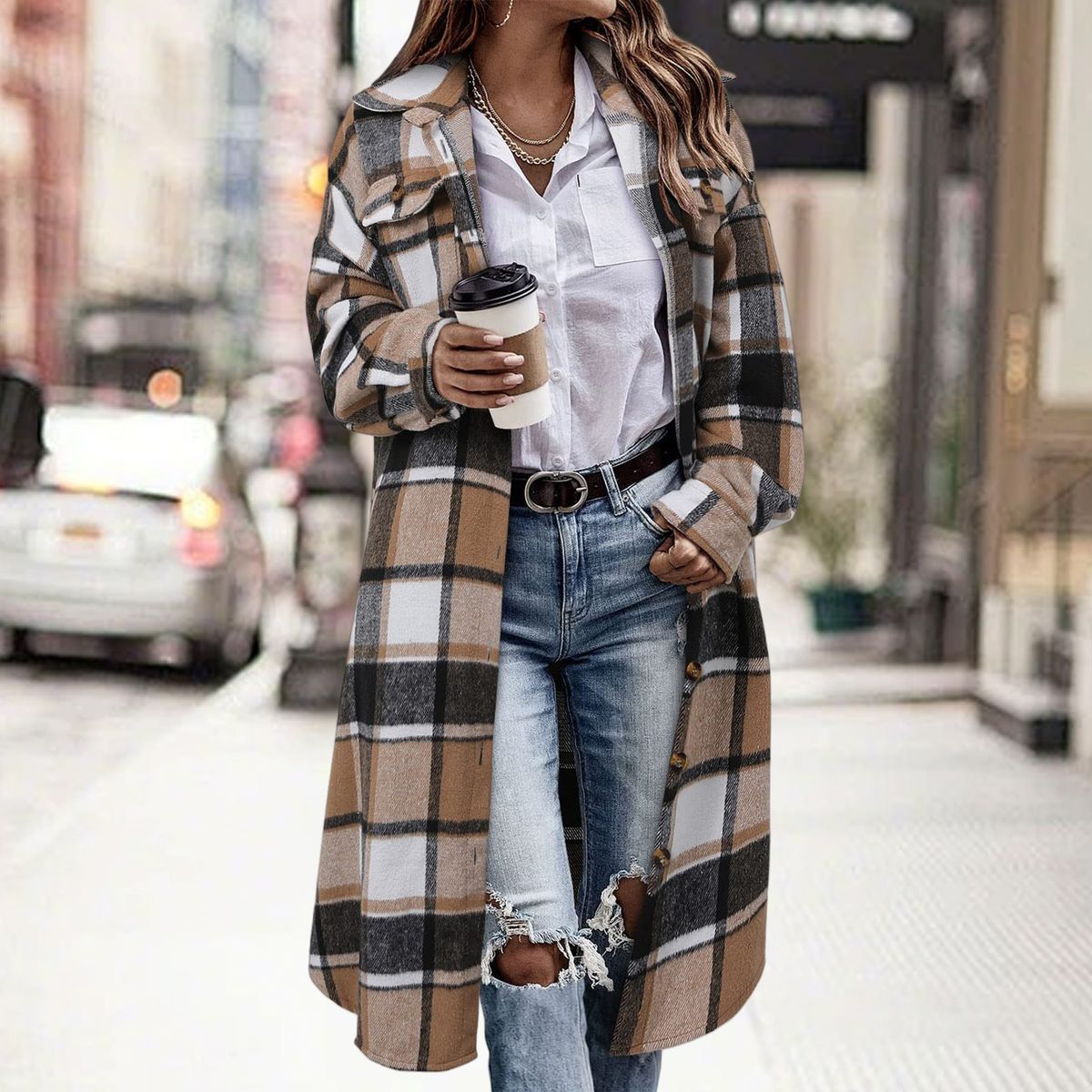 Women's Clothing Autumn/Winter Plaid Trench Coat Long Sleeved Women's Collared Shirt Drop Shoulder Casual Patch Pockets_ecoleips.com