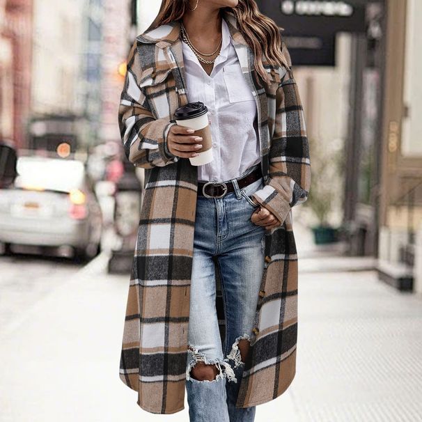 Women's Clothing Autumn/Winter Plaid Trench Coat Long Sleeved Women's Collared Shirt Drop Shoulder Casual Patch Pockets_ecoleips.com