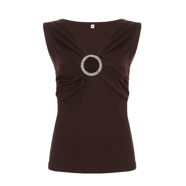 Aria Basics Aria Basics European American Retro Mature Style Deep V-neck Tank With Diamond-embellished Rings, Elegant And Sexy Short Sleeveless_ecoleips.com