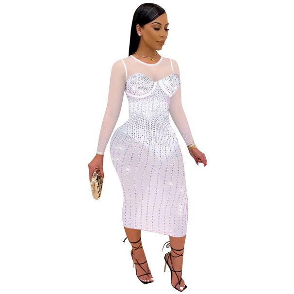 Women's Clothing Diamond Long Sleeve Dress Night Club Wear_ecoleips.com