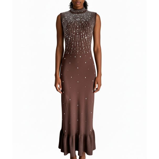 Casual O-neck Sleeveless Pleated Party Dress Summer Street Commuting A-line Dress Diamond Decoration Slim Fit Women's Long Dress_ecoleips.com