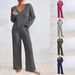 Women's Casual V-Neck Knit Sweater & Lounge Pants Set Soft Brushed Texture Loose Fit Two-Piece Outfit_ecoleips.com