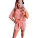 Women's Two Piece Set Short Sleeved Wavy Round Neck Top With Elastic Waist Shorts_ecoleips.com