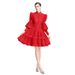2026 Spring And Autumn New French Elegant Lace Patchwork Stand Collar Lantern Sleeve Slimming A-line Dress_ecoleips.com