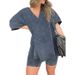Women's Clothing Fashion Loose V Neck Two Piece Suit Female Retro Washed Suit Short Sleeve_ecoleips.com