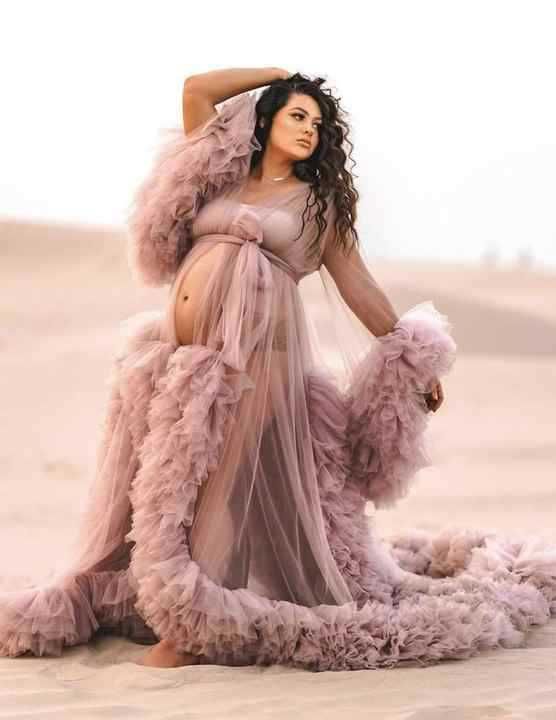 Women's Clothing Elegant Maternity Gown Sheer Train V-Neck Lace Wedding Robe Bridal Dress Photoshoot Evening Party (White/Pink/Blue, US2-26W)_ecoleips.com