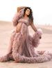 Women's Clothing Elegant Maternity Gown Sheer Train V-Neck Lace Wedding Robe Bridal Dress Photoshoot Evening Party (White/Pink/Blue, US2-26W)_ecoleips.com