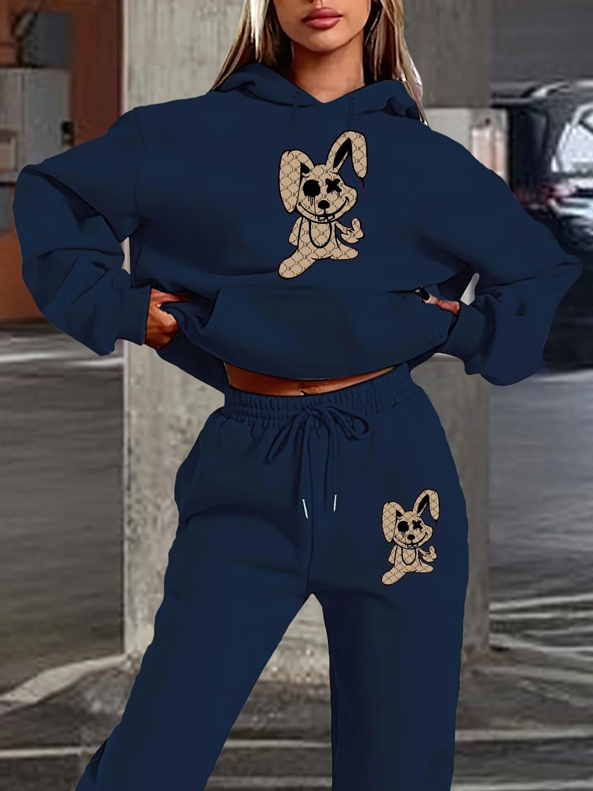 Women's Hip Hop Street Style Hoodie And Sweatpants Set Casual Loose Fit Warm Autumn Winter Clothing Cartoon Rabbit Print_ecoleips.com