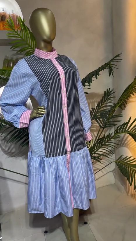 Spring New Women's Patchwork Striped Shirt Waist Cinching Full Skirt Dress Style Spring_ecoleips.com