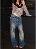 Vintage Washed Studded Baggy Jeans, Women's High Waist Loose Fit Denim Trousers, Y2K Streetwear Wide Leg Pants For Casual & Festival_ecoleips.com