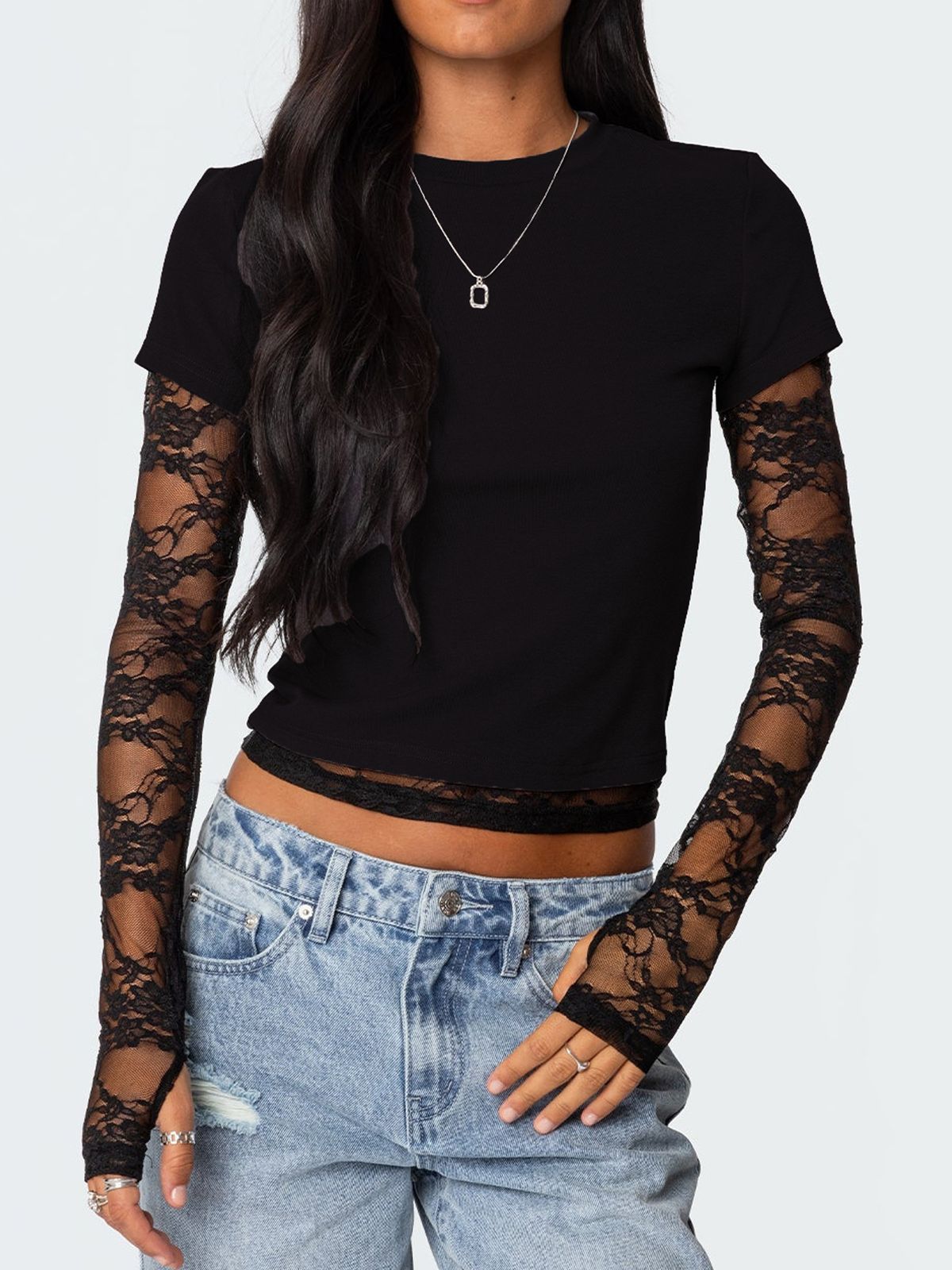 Women's Y2K Round Neck T-Shirt Lace Trimmed Sleeve Fake Two Piece Long Sleeved European American Export Clothing_ecoleips.com