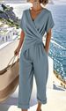 Women's Clothing Summer Fashion Solid Color Irregular Hem Short Sleeve Pant Set_ecoleips.com