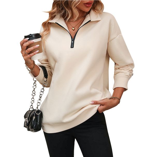 Autumn/Winter Sportswear: Long-Sleeved Hoodie With Half-Zip, Solid Color, Loose Fit_ecoleips.com