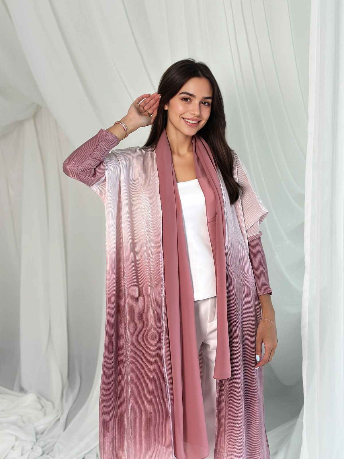 Ombre Print Muslim Abaya With Pleated Detail – Loose Fit Open Front Robe For Daily Modesty (Pink/Brown/Green, One Size)_ecoleips.com