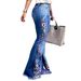 High-Waisted Retro Dark Blue Embroidered Flared Jeans Floor-Length Pants All Seasons Women's Cross-Border Style_ecoleips.com