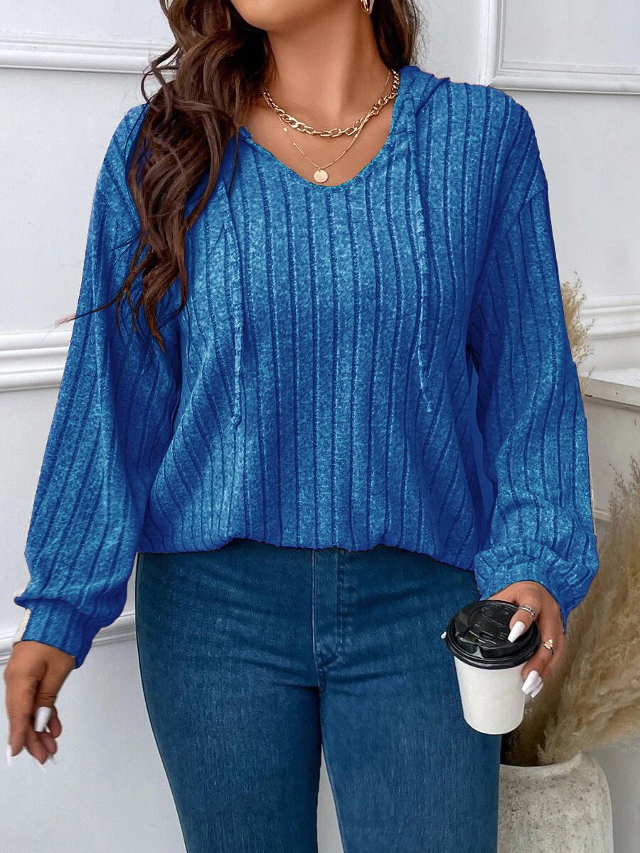 Plus Size Women's V-Neck Hooded Long Sleeve T-Shirt – Ribbed Brushed Fleece Top For Fall & Winter_ecoleips.com