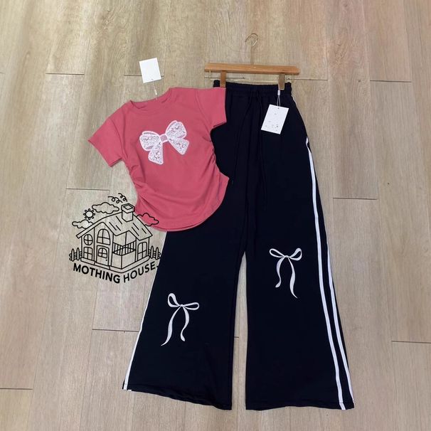 Korean Style Women's Summer Fashion Bow Print Two Piece Set Short Sleeved Loose Wide Leg Pants Casual Outfit For Ladies_ecoleips.com