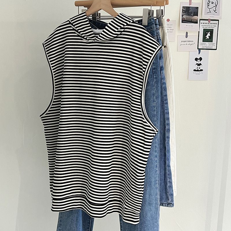 European American Style Striped Sleeveless Hooded Sweatshirt Women, Loose Versatile Spring And Autumn, Suitable For_ecoleips.com