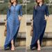 Denim Shirt Collar Dress With Pockets - Casual Flared A-Line Maxi Dress For Women (S-5XL, Dark Blue/Black/Light Blue)_ecoleips.com
